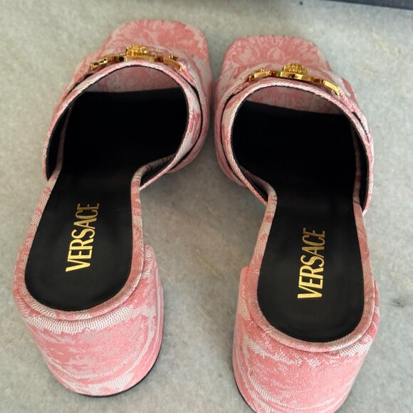 VERSACE Women's Medusa Mule Jacquard Pink Fabric Sandals heels, Sz. 41 - Picture 5 of 14